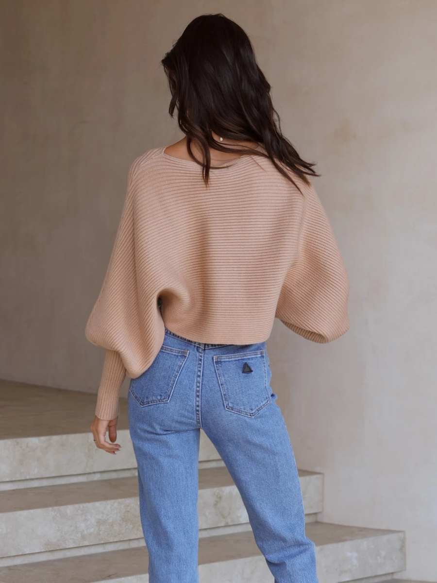 GISELE Lantern Sleeve Tighten Cuff Knit Top - Mocca
