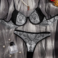 New Color Blocking Fashionable Floral Embroidery Lingerie Two-Piece Set