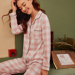 Notched Collar Plaid Print Button Front Casual Nightwear