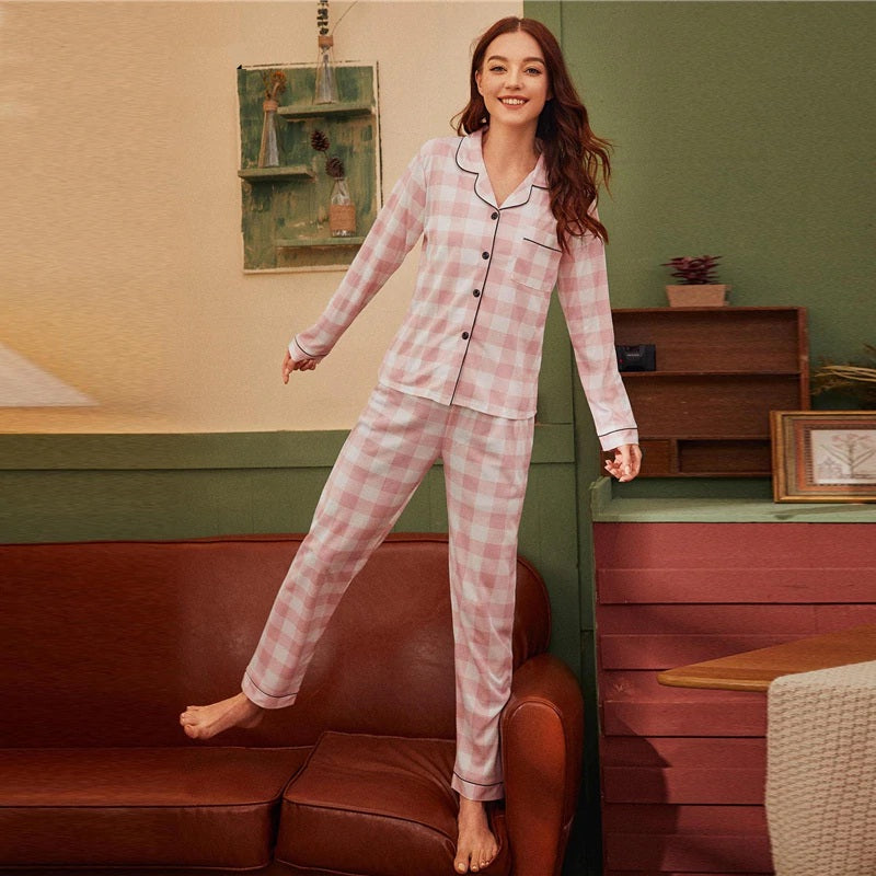 Notched Collar Plaid Print Button Front Casual Nightwear