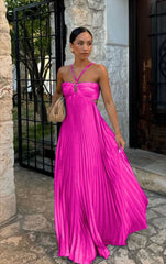 Eleanor Pleated Halter Maxi Dress - Orange