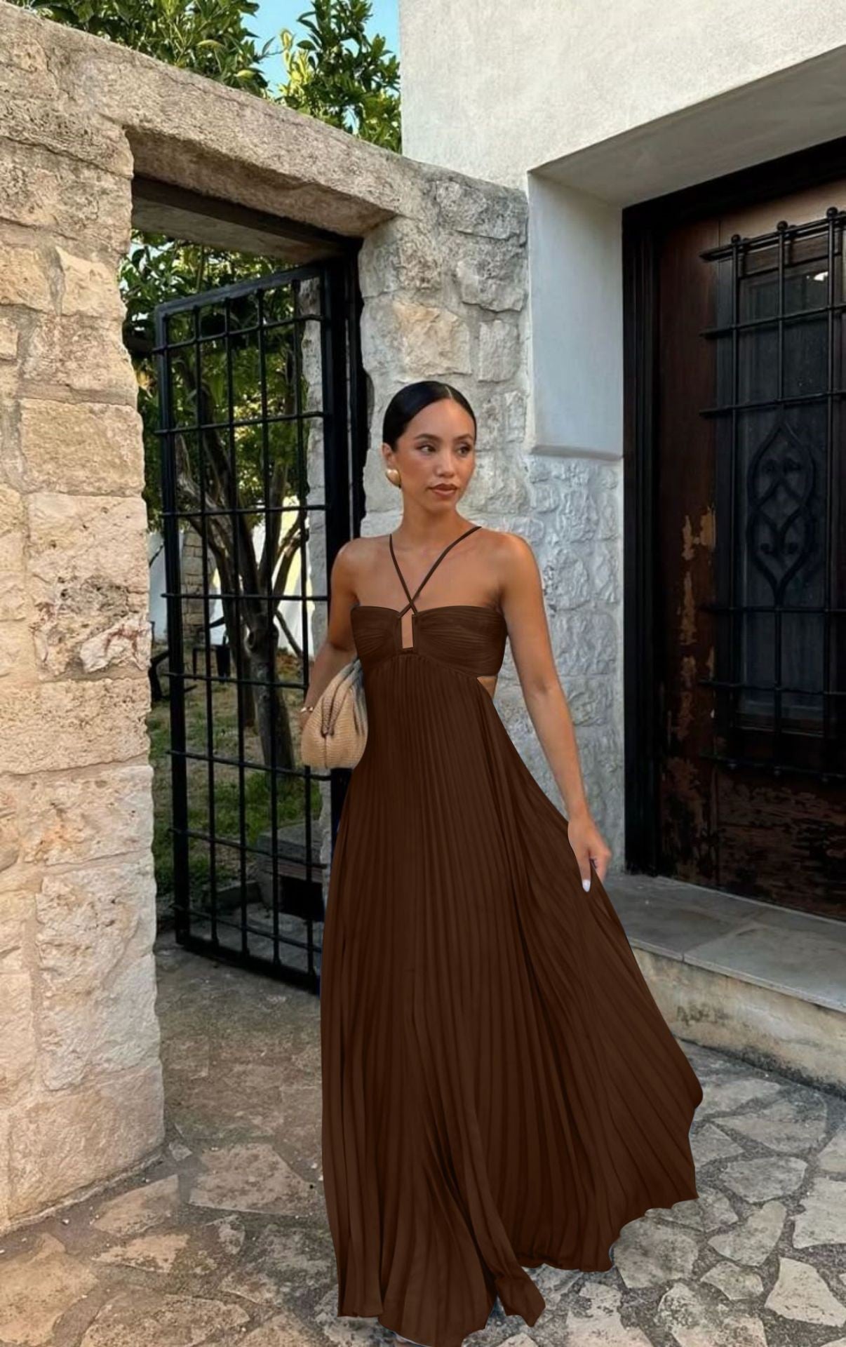 Eleanor Pleated Halter Maxi Dress - Orange