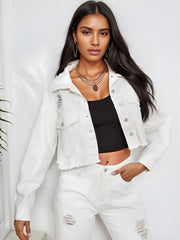 MADDEN KNIT RIPPED SLEEVE DENIM JACKET - WHITE