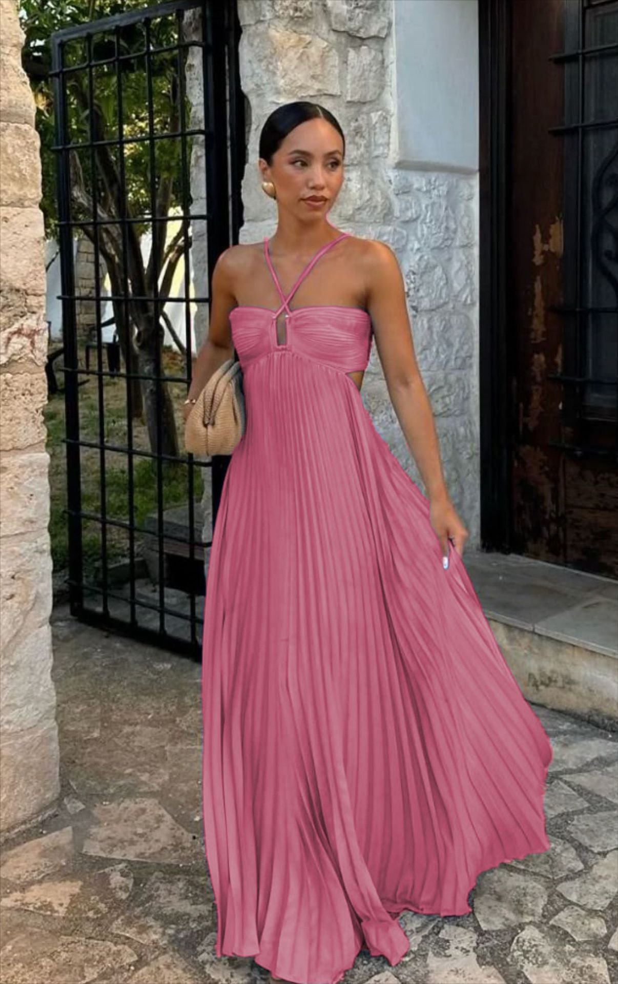 Eleanor Pleated Halter Maxi Dress - Orange