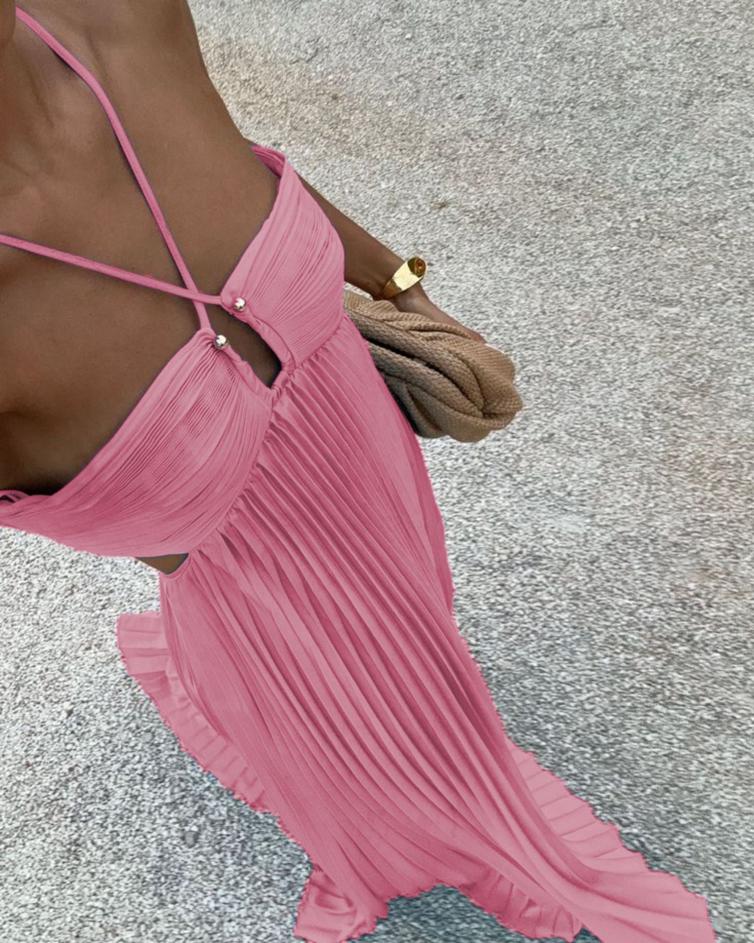 Eleanor Pleated Halter Maxi Dress - Orange