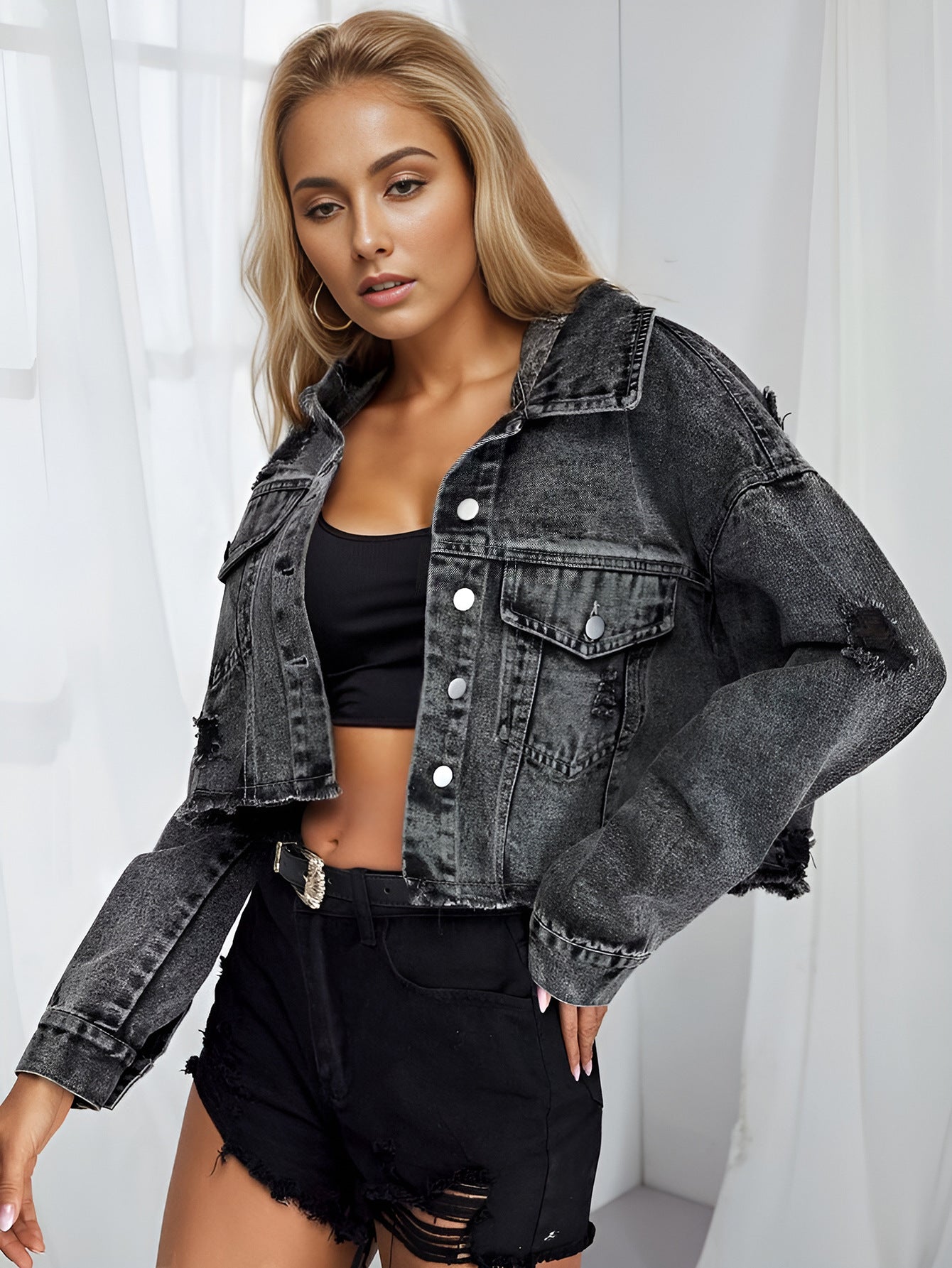 MADDEN KNIT RIPPED SLEEVE DENIM JACKET - WHITE