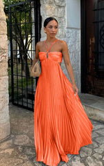 Eleanor Pleated Halter Maxi Dress - Orange