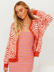 Tiger Year Animal Patterned Knit Cardigan - Orange