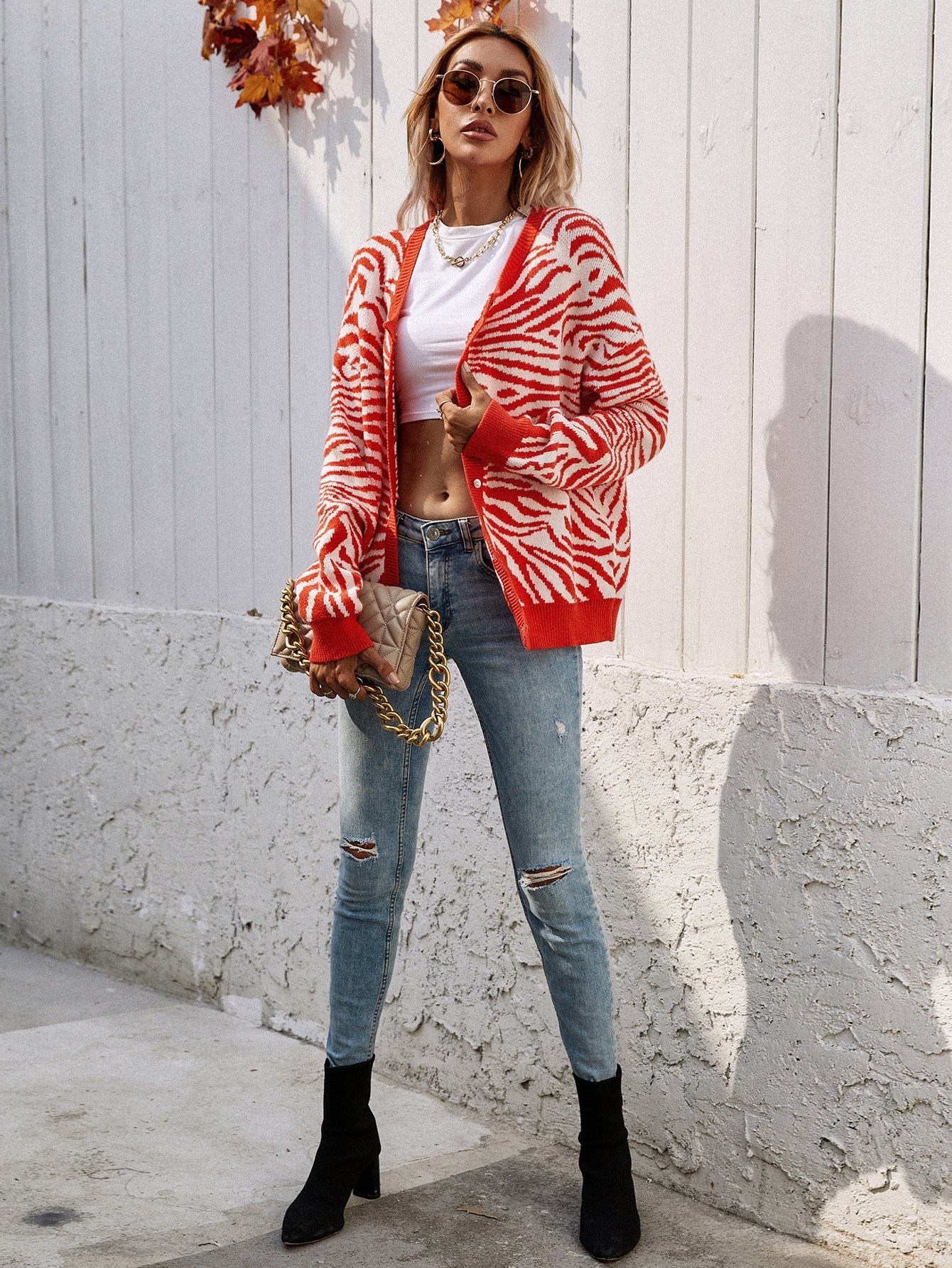 Tiger Year Animal Patterned Knit Cardigan - Orange