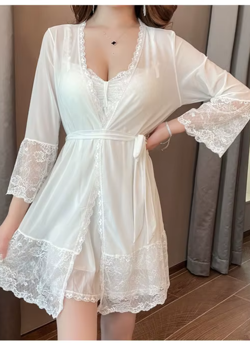 Padded Mini Chemise Nightwear Dress Mesh Lace Nightgown Robe Sets