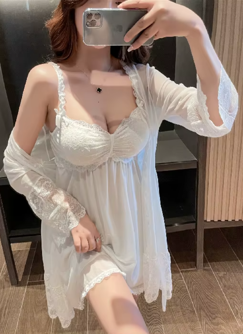 Padded Mini Chemise Nightwear Dress Mesh Lace Nightgown Robe Sets