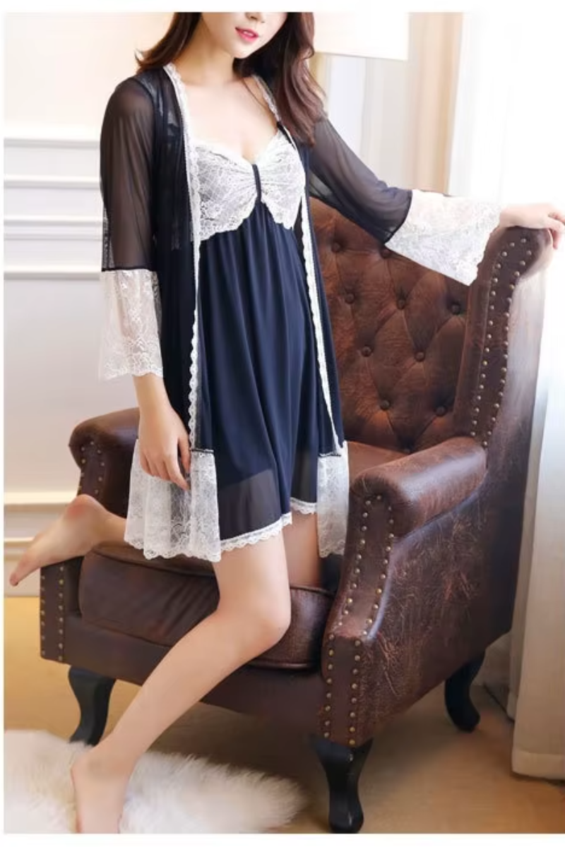 Padded Mini Chemise Nightwear Dress Mesh Lace Nightgown Robe Sets