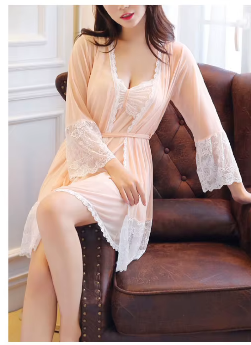 Padded Mini Chemise Nightwear Dress Mesh Lace Nightgown Robe Sets
