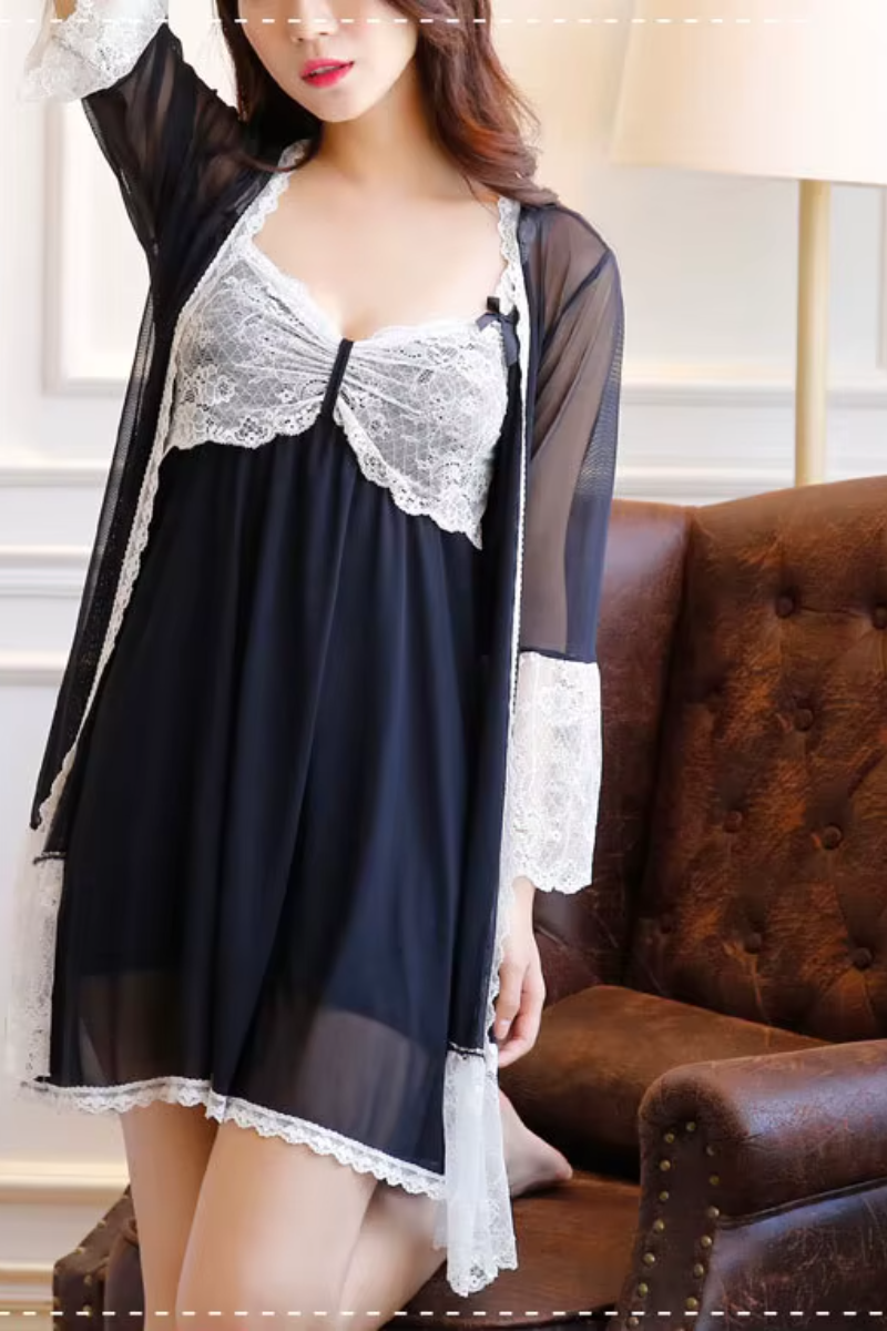 Padded Mini Chemise Nightwear Dress Mesh Lace Nightgown Robe Sets