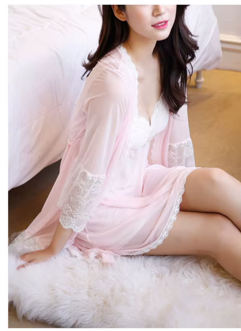 Padded Mini Chemise Nightwear Dress Mesh Lace Nightgown Robe Sets