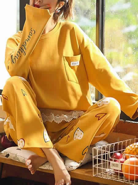 Pajamas Sleepwear Lace Printed Two Piece Jewel Neck Long Sleeves Cotton Blend Lingerie