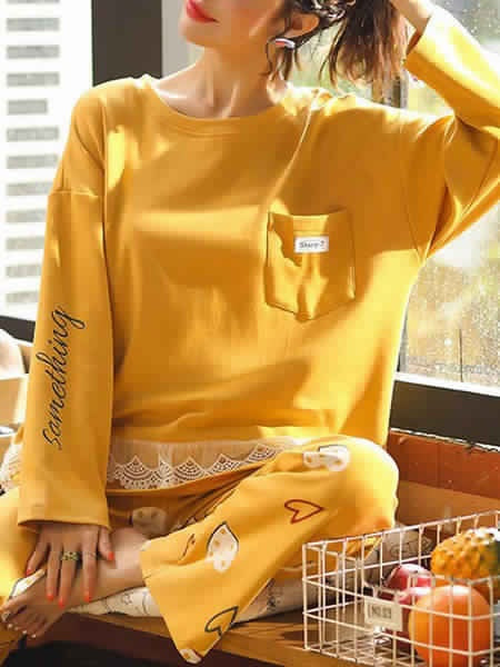 Pajamas Sleepwear Lace Printed Two Piece Jewel Neck Long Sleeves Cotton Blend Lingerie