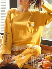 Pajamas Sleepwear Lace Printed Two Piece Jewel Neck Long Sleeves Cotton Blend Lingerie