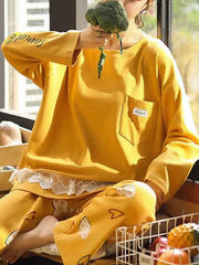 Pajamas Sleepwear Lace Printed Two Piece Jewel Neck Long Sleeves Cotton Blend Lingerie