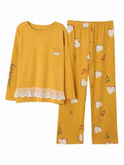 Pajamas Sleepwear Lace Printed Two Piece Jewel Neck Long Sleeves Cotton Blend Lingerie