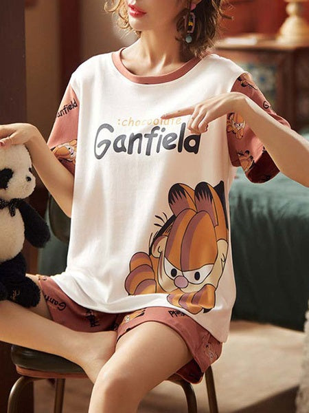 Pajamas Sleepwear Printed Two Piece Jewel Neck Cotton Blend Lingerie