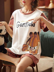 Pajamas Sleepwear Printed Two Piece Jewel Neck Cotton Blend Lingerie