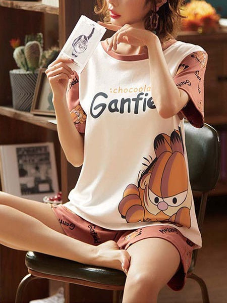 Pajamas Sleepwear Printed Two Piece Jewel Neck Cotton Blend Lingerie