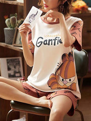 Pajamas Sleepwear Printed Two Piece Jewel Neck Cotton Blend Lingerie