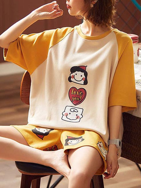 Pajamas Sleepwear Printed Two Piece Jewel Neck Short Sleeves Cotton Blend Lingerie