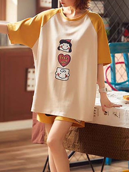 Pajamas Sleepwear Printed Two Piece Jewel Neck Short Sleeves Cotton Blend Lingerie