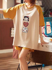 Pajamas Sleepwear Printed Two Piece Jewel Neck Short Sleeves Cotton Blend Lingerie