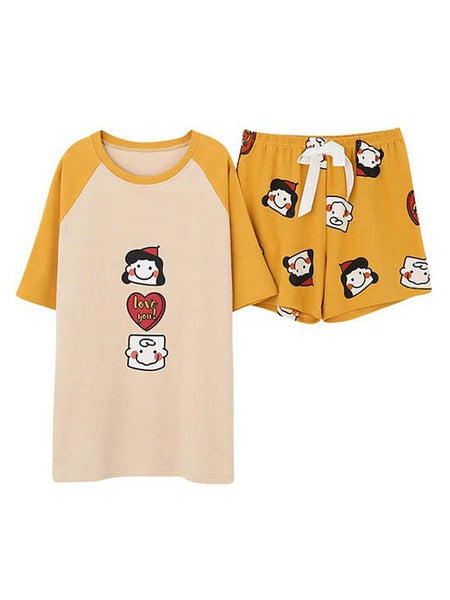 Pajamas Sleepwear Printed Two Piece Jewel Neck Short Sleeves Cotton Blend Lingerie