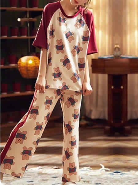 Pajamas Sleepwear Printed Two Piece Short Sleeves Cotton Blend Lingerie