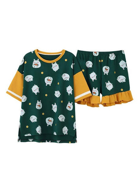 Pajamas Sleepwear Ruffles Printed Two Piece Jewel Neck Short Sleeves Cotton Blend Lingerie