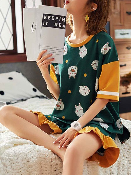 Pajamas Sleepwear Ruffles Printed Two Piece Jewel Neck Short Sleeves Cotton Blend Lingerie