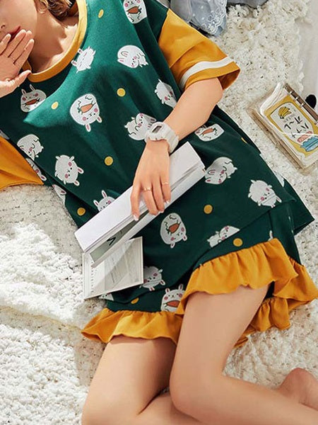 Pajamas Sleepwear Ruffles Printed Two Piece Jewel Neck Short Sleeves Cotton Blend Lingerie