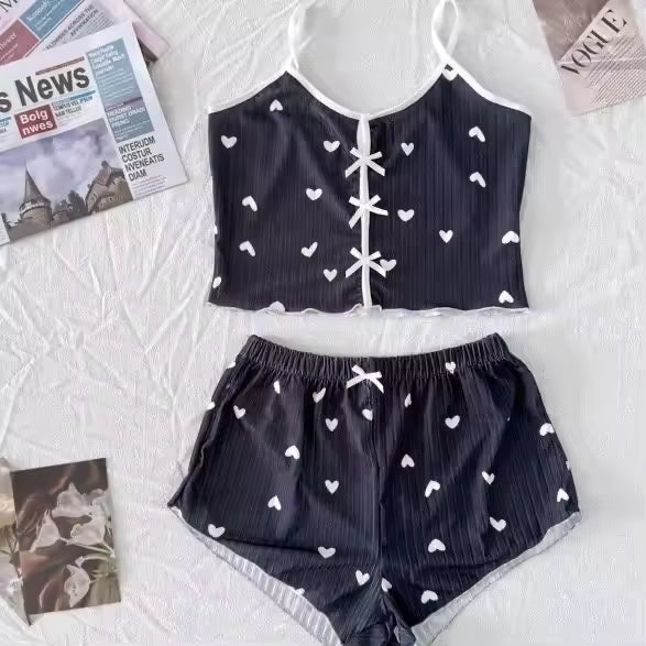 Patchwork Heart Print Bowknot Decoration Sleeveless Cami Sleepwear Set