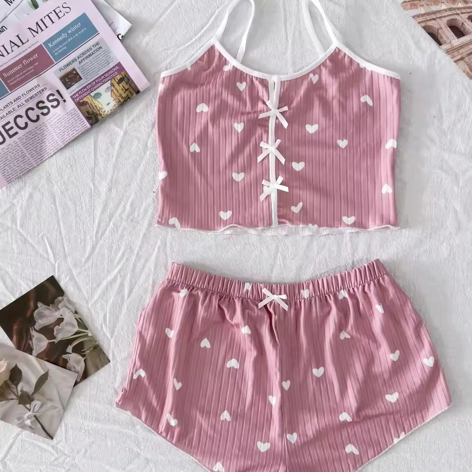 Patchwork Heart Print Bowknot Decoration Sleeveless Cami Sleepwear Set