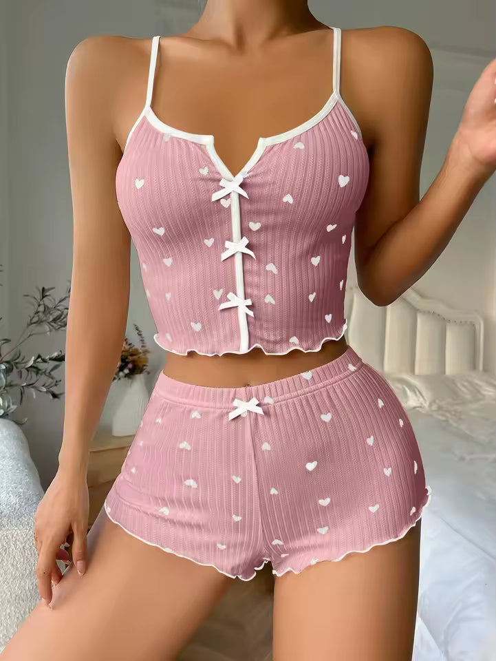 Patchwork Heart Print Bowknot Decoration Sleeveless Cami Sleepwear Set