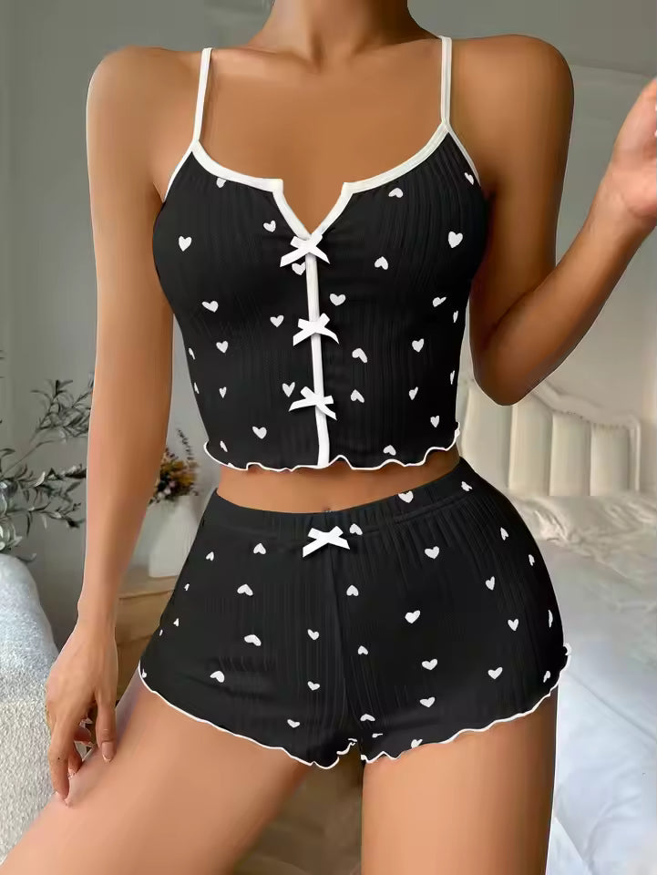 Patchwork Heart Print Bowknot Decoration Sleeveless Cami Sleepwear Set