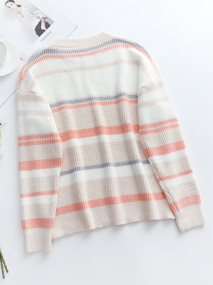 Peach Grey Stripe Crew Neck Knit Top