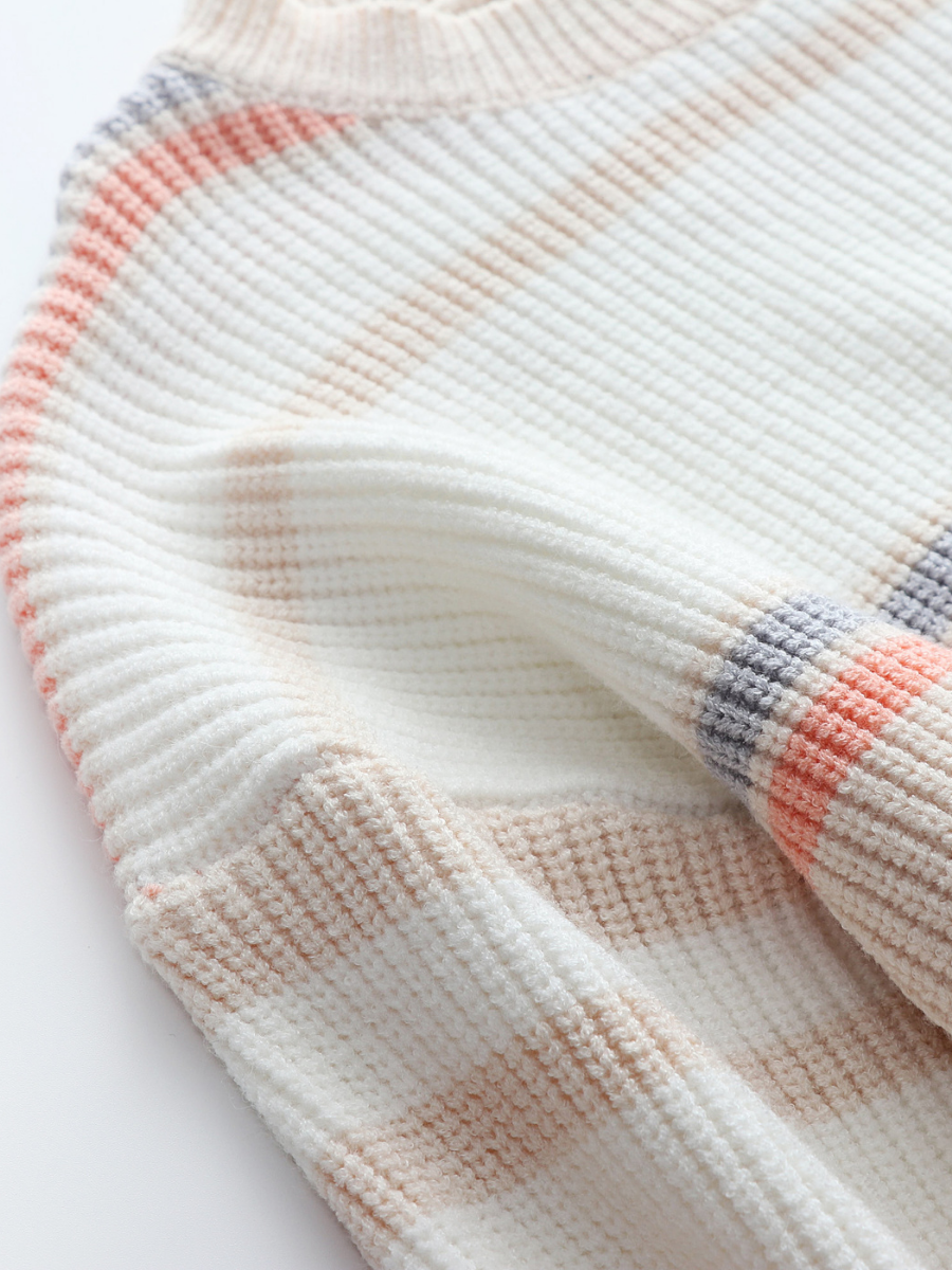 Peach Grey Stripe Crew Neck Knit Top