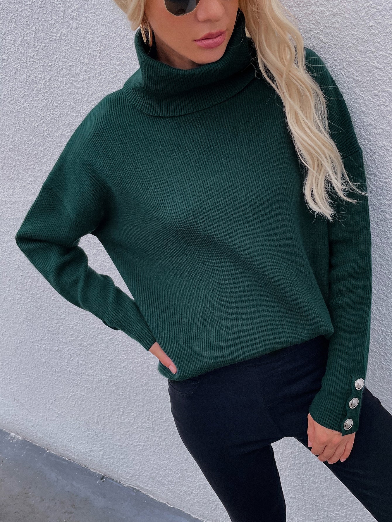 Pine Green Oversized Collar Turtleneck Knit Sweater