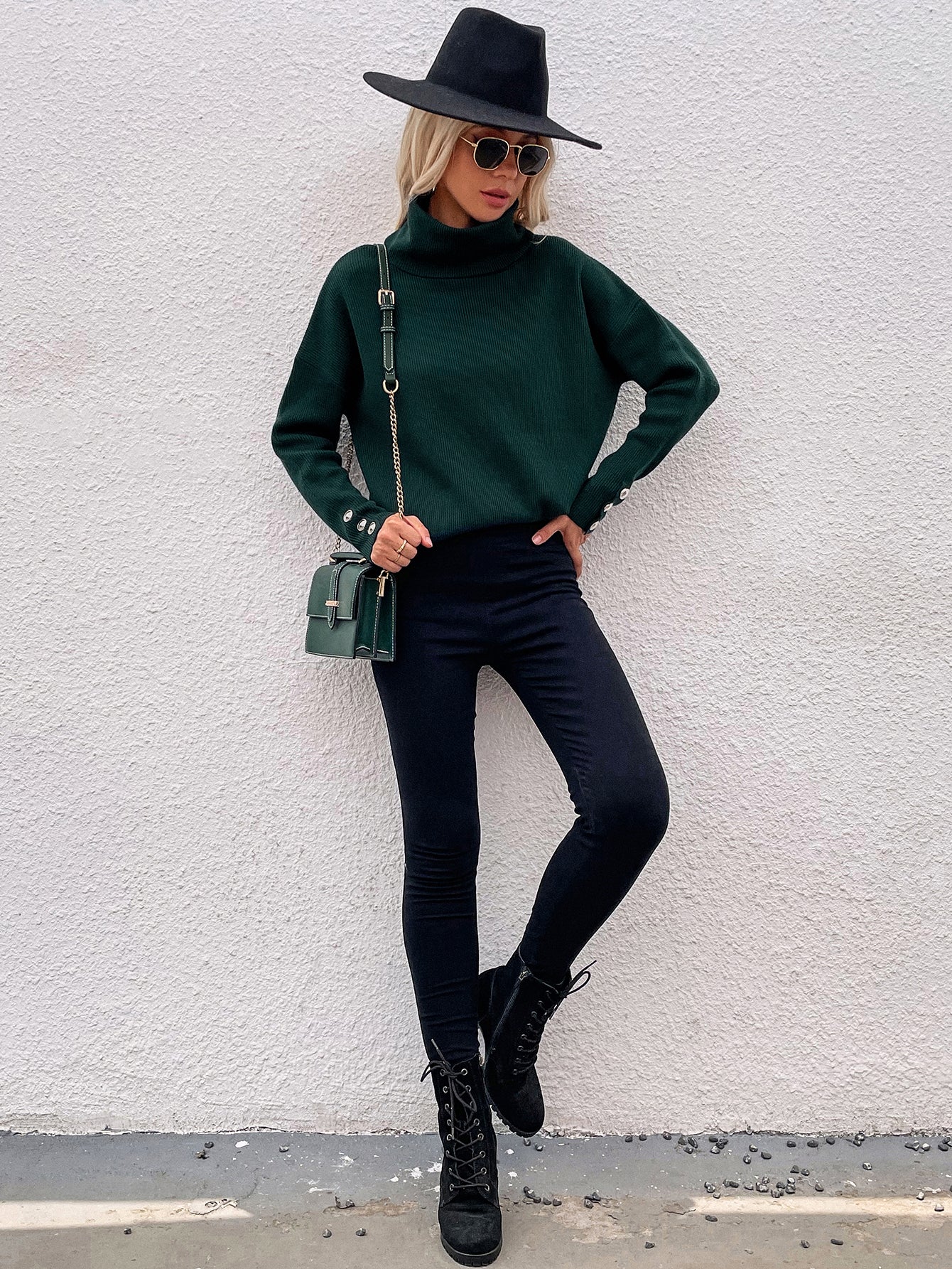 Pine Green Oversized Collar Turtleneck Knit Sweater