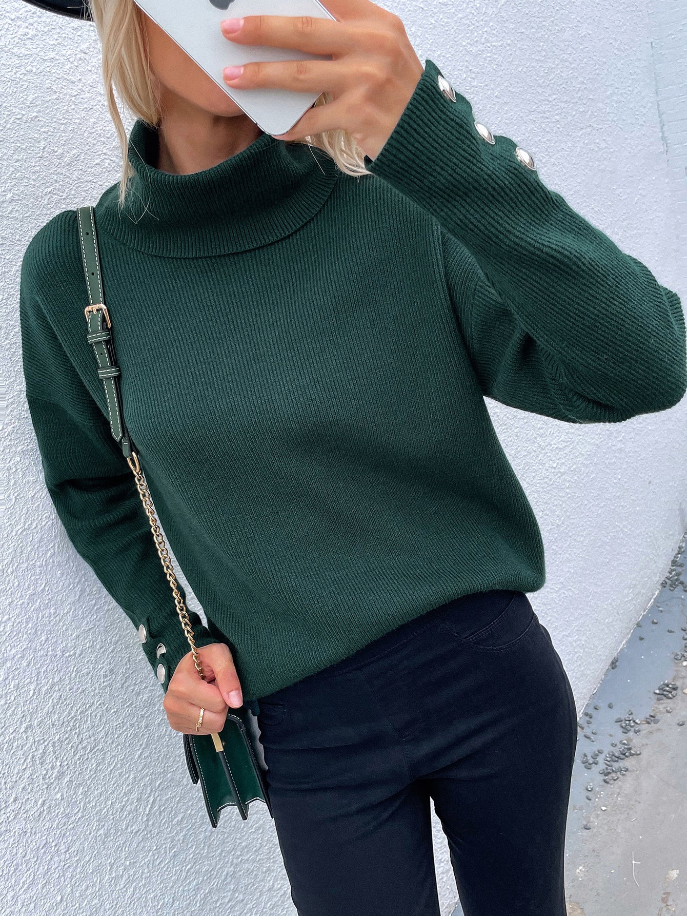 Pine Green Oversized Collar Turtleneck Knit Sweater