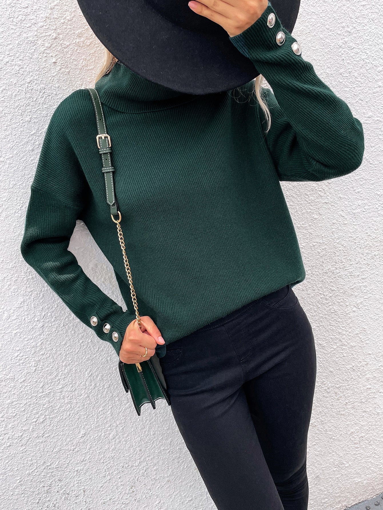 Pine Green Oversized Collar Turtleneck Knit Sweater