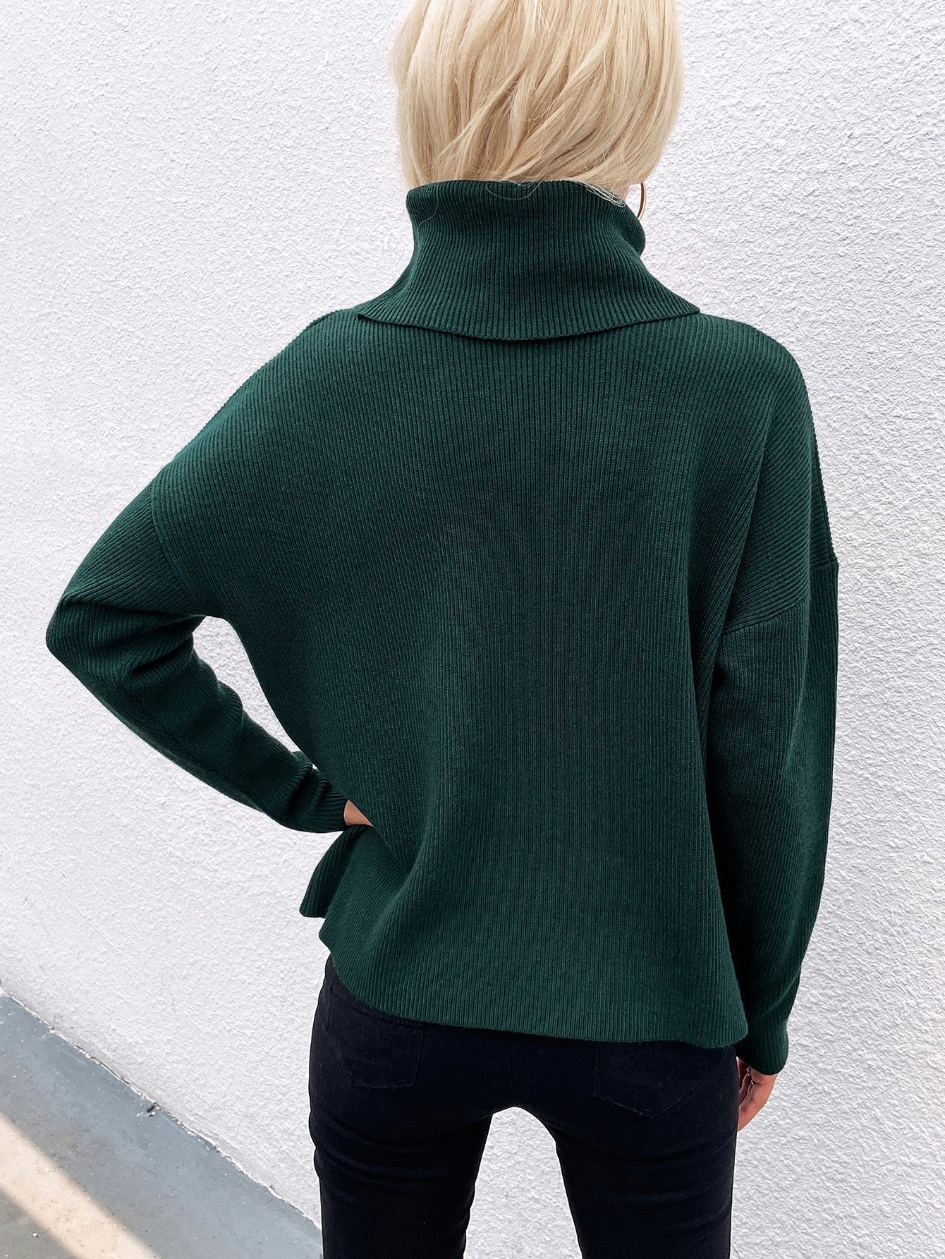 Pine Green Oversized Collar Turtleneck Knit Sweater
