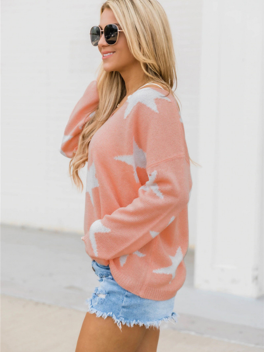 Star Gal Low V Neck Knit Jumper - Pink