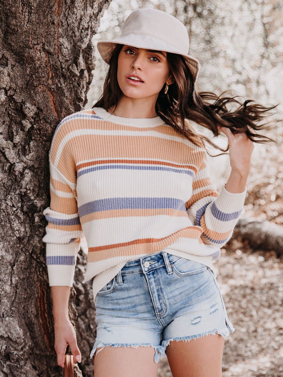 Pink Mauve Stripe Crew Neck Knit Top