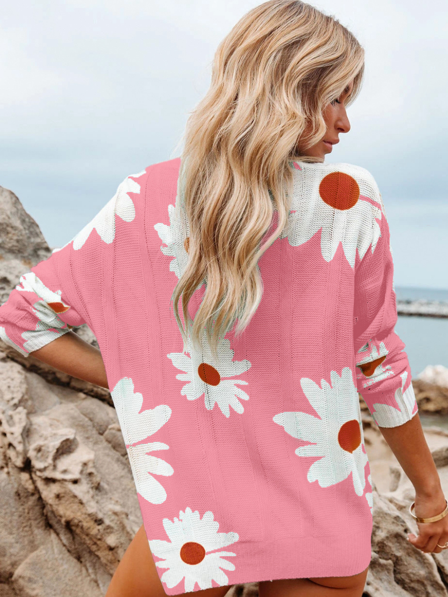 Perforated Sunflower Patterned Knit Top - Pink